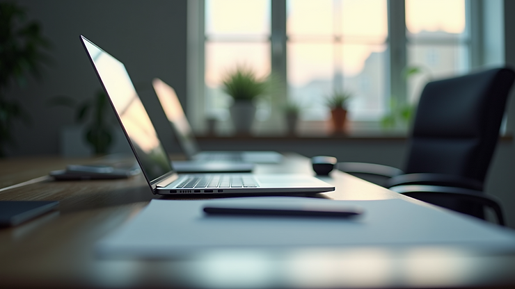 Eye-level view of office workspace with laptops and digital tools