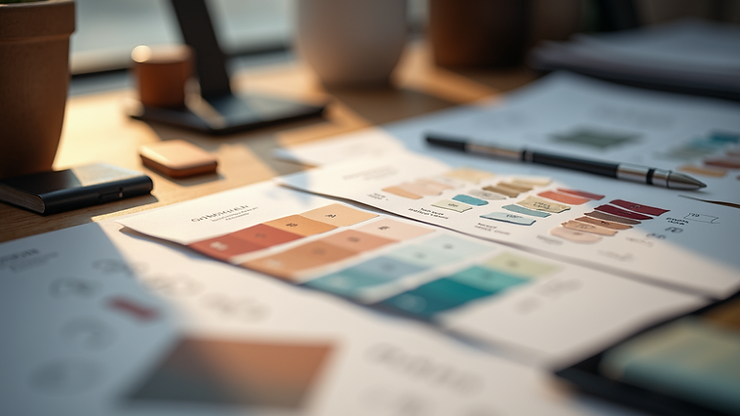 Close-up view of a designer’s desk with colour swatches and branding materials