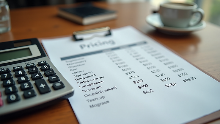 High angle view of a pricing sheet and calculator on a wooden desk