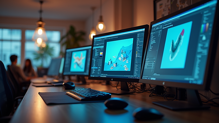Eye-level view of a modern office workspace with multiple computer screens displaying graphic design software
