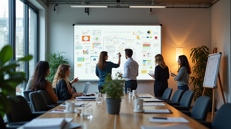 High angle view of a creative studio with designers brainstorming ideas on a whiteboard