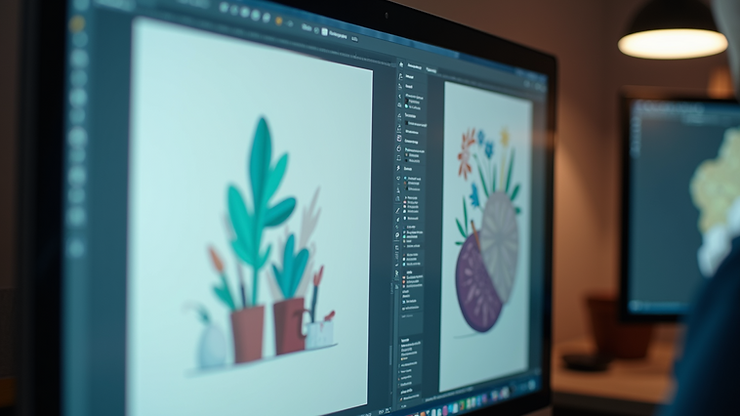 Close-up view of a computer screen showing graphic design software with a digital illustration in progress