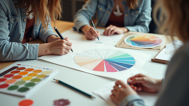 High angle view of a creative workspace with sketches and colour swatches for graphic design