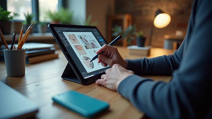 Eye-level view of a designer working on a digital tablet with graphic design software