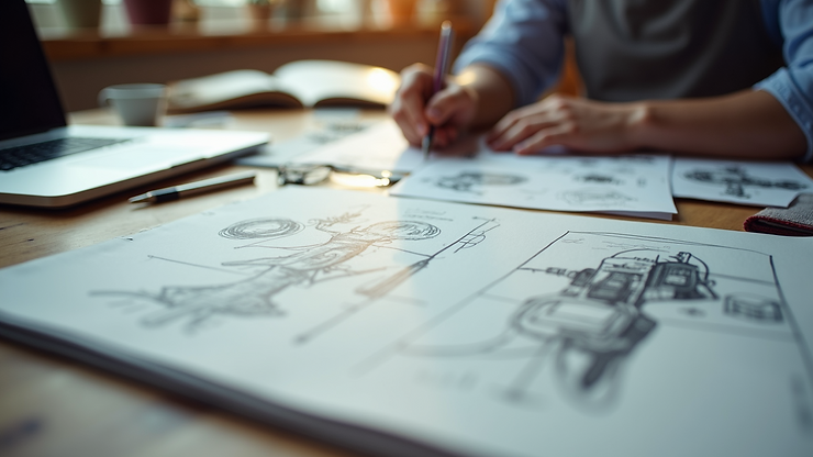 Close-up view of a designer’s workspace with sketches and digital tools